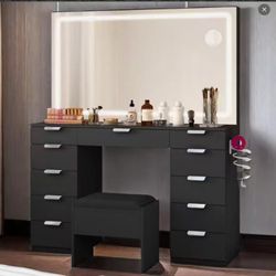 LED Lights Mirror Vanity Desk Glass Top Drawers Table Set Black 