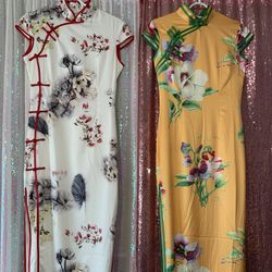 Silk Cheongsam Dress . Yellow /White 