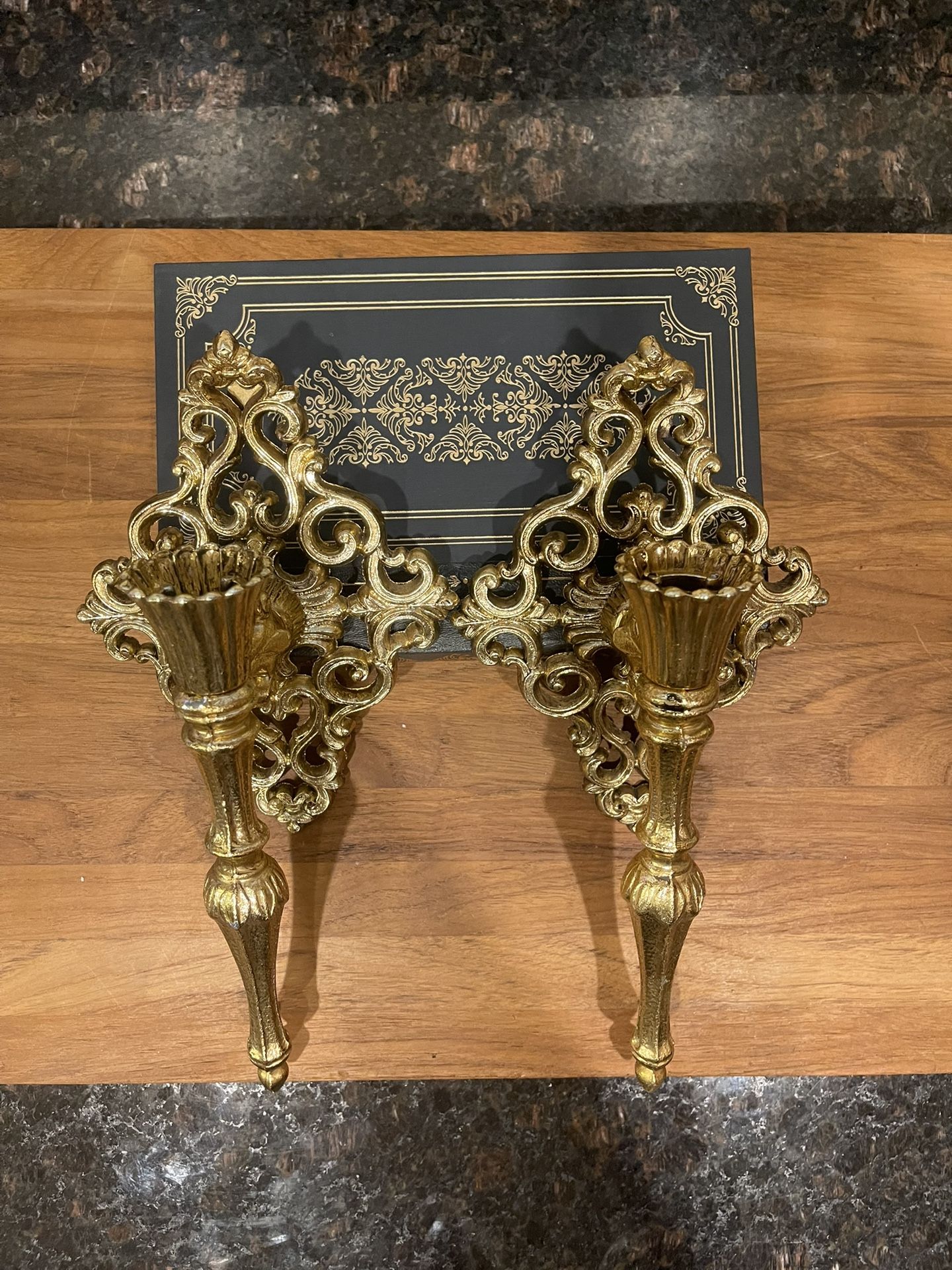 2 Vintage Ornate Gold Floral Scroll Cast Metal Sconces