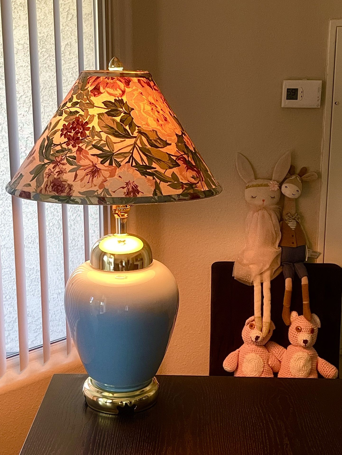 Vintage Victoria Floral Blue Pink Green Flowers Lamp In excellent pre-owned condition, gently used. Unique design and heavy duty shape. Pick up only,