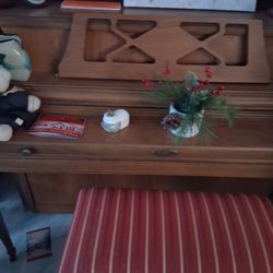 Upright Piano With Lamp And Seat