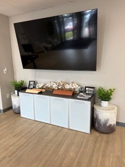 Modern 4-Door Office Storage Credenza – White & Dark Wood