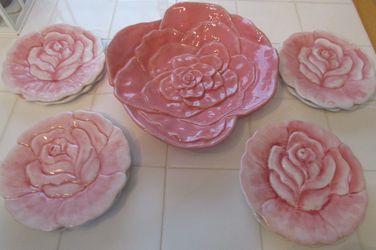 New~Shabby Chic~Rose Serving Bowl~8 Salad Plates 