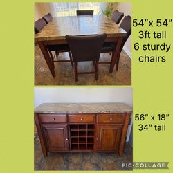 Marble Dining Table Set with 6 Chairs and Wine Storage Buffet Credenza Island 