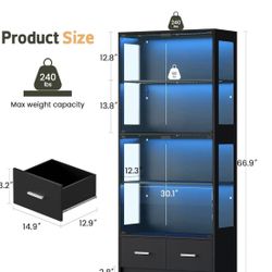 ✌️ Display Cabinet with Glass Doors - 67" Curio Cabinet for Collectibles with RGB LED Lights and 2 Drawers, 4 Tier Glass Display Case for Living Room