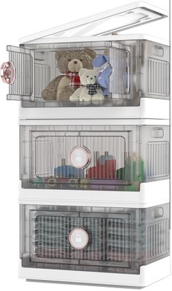 Clear Foldable Plastic Storage Container with Door, (White, 3 Pack)