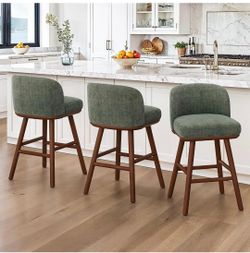 LUE BONA Bar Stools Set of 3, 27.6" Wooden Legs, Fabric in Sage Green