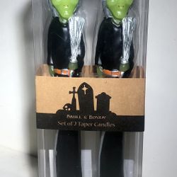 Halloween Witch Taper Candles Set Of Two HTF Green Witch Faces 