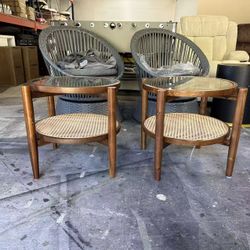 Rattan Round End Table Set of 2, Walnut Boho Nightstand with Tempered Glass Top and Acacia Wood Legs, 2-Tier Side Table with Storage, Bedside Tables f