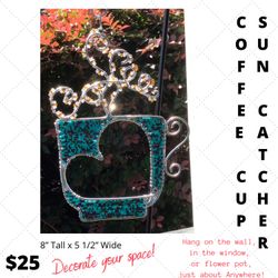 New Handcrafted  Beaded Wire Art “Coffee Cup” Sun Catcher, ornament
