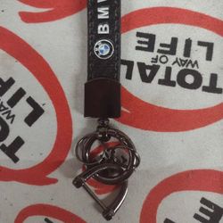 BMW Leather Keychain With Titanium Rings Black With White Lettering 