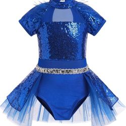 ODASDO Girls Shiny Sequins Ballet Dance Leotard Short Sleeve Feather Tutu Dress Hip Hop Latin Jazz Stage Performance Outfit