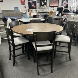 7PC Counter Height Dining Table Set w/ Lazy Susan & Drop Down Leafs 