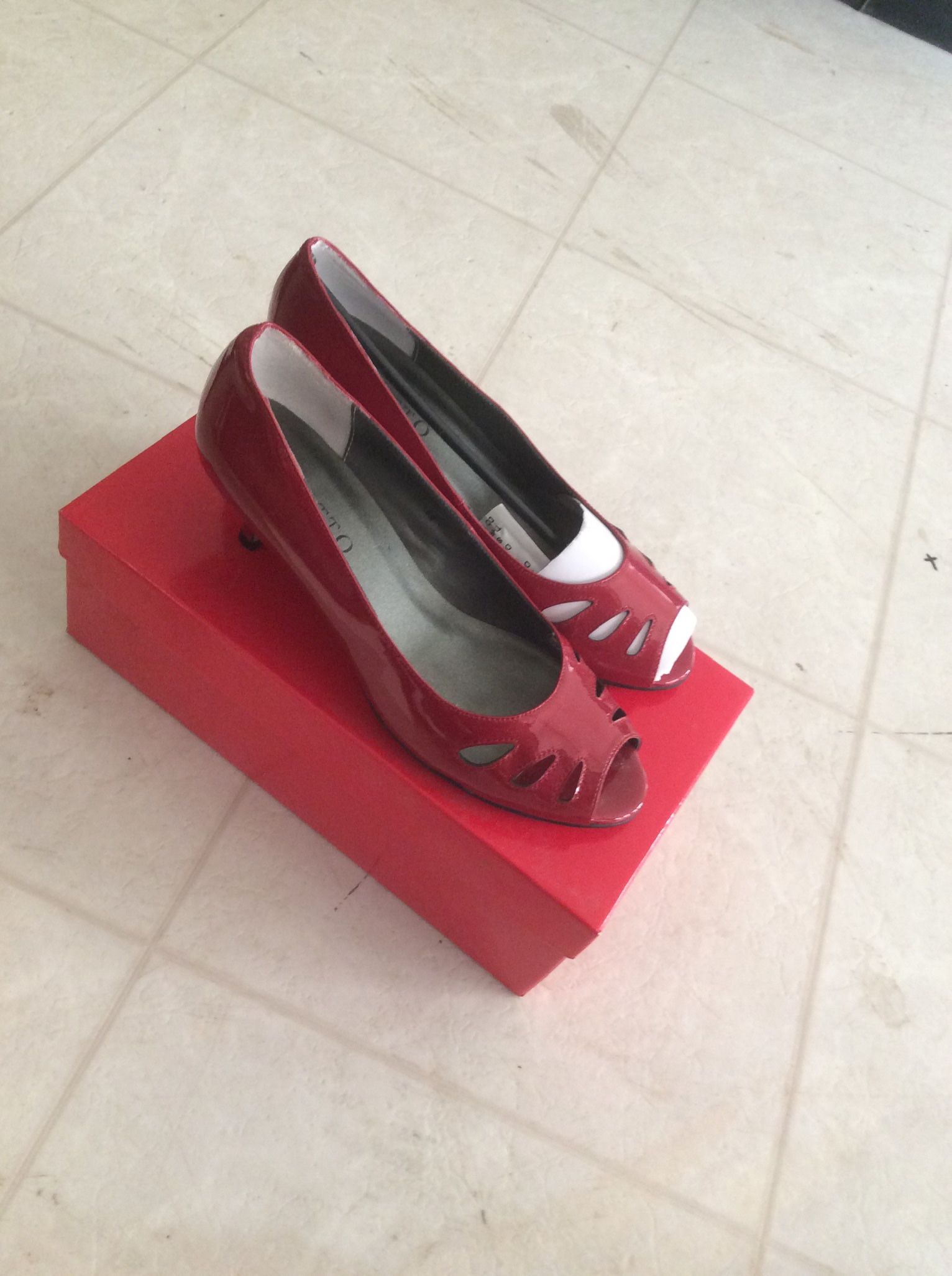 Red leather peep toe wedges