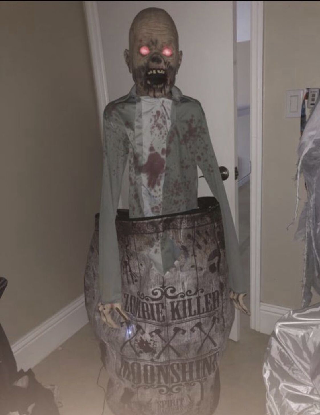 Spirit Halloween Moonshine Zombie Barrel prop halloween decoration