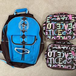 Justice backpack, 2 Lunch Bags, Sunglasses