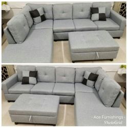 Brand New Light Grey Linen Sectional With Storage Ottoman & 2 Decorative Pillows