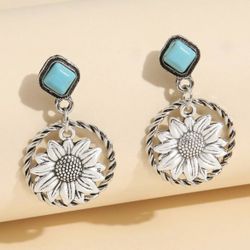 New Boho Western Silver Turquoise Stone Sunflower Rope Circle Dangle Earrings