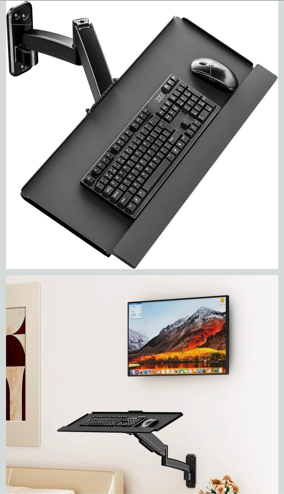 Keyboard Tray Wall Mount,Sit-Stand 26 Inch Keyboard and Mouse Stand,Height Adjustable Typing Platform,360 Degree Rotation, Holds up to 19.8 lbs, Black