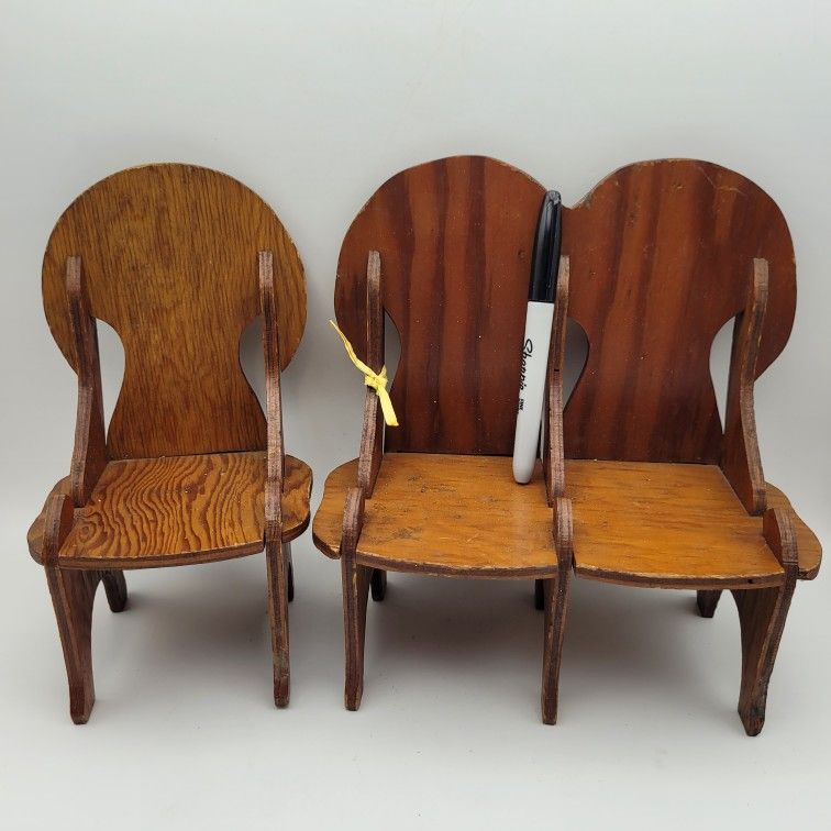 Doll Bear Wood Chair Set Furniture Vintage Handmade 9" Tall
