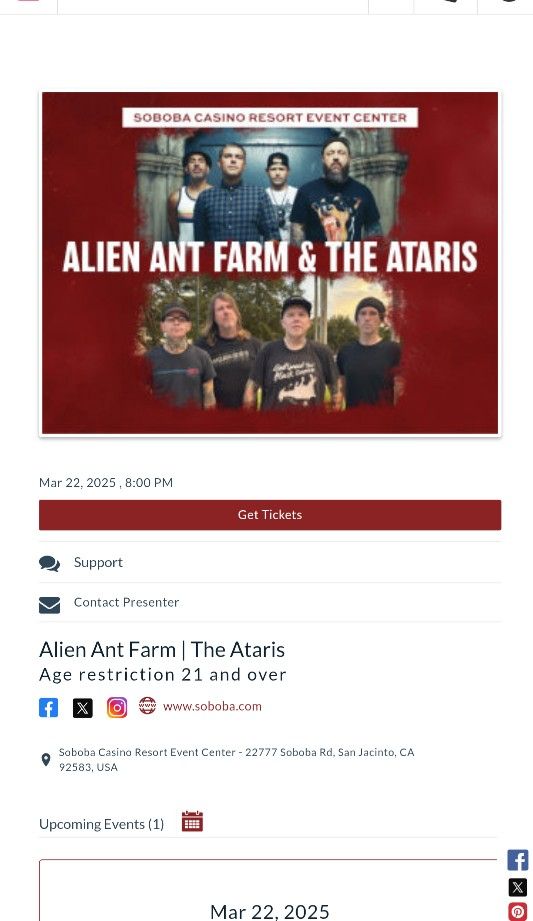 ALIEN ANT FARM & THE ATARIS CONCERT TICKETS QTY 2