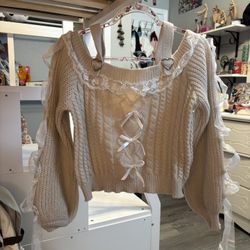 Kawaii Cold Shoulder Lace Trim Bow Decor Cable Knit Sweater (size Medium) 