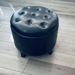 Round Ottoman Black Faux Leather 
