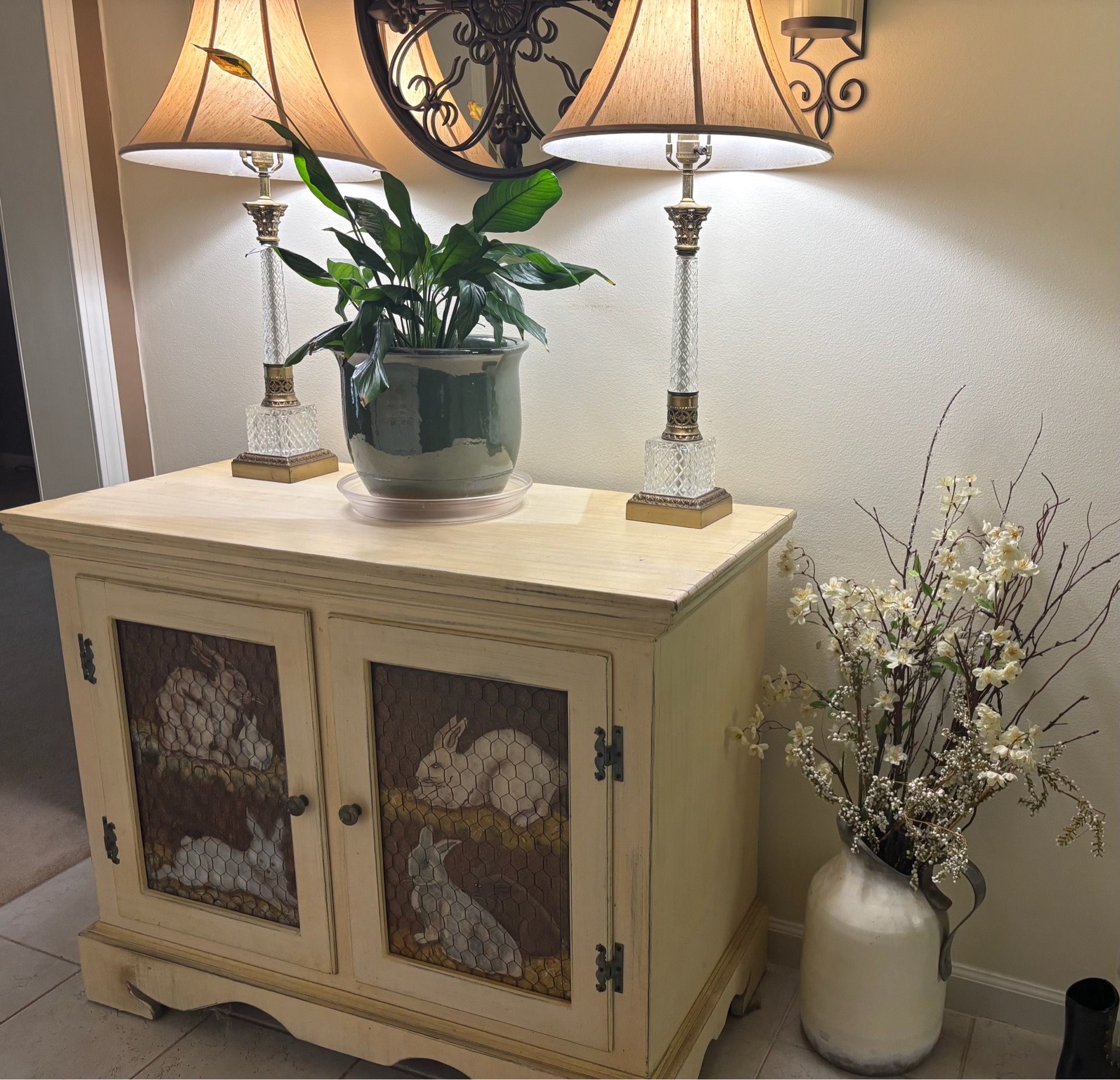 Wooden Cabinet with Hand Painted Panels and Mesh Front Doors
