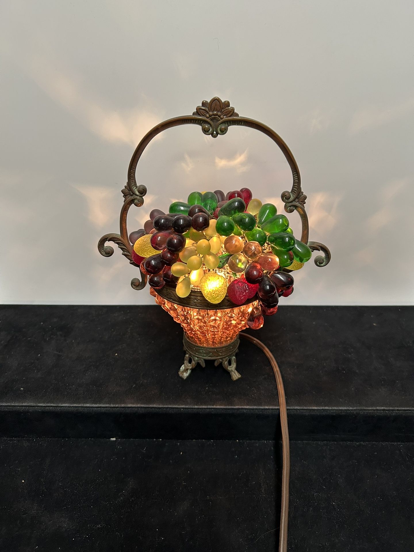 Czech Art Deco Brass and Glass Beaded Fruit Basket Illuminant Lamp 