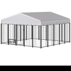 PawHut 9.8' x 9.8' x 6' Outdoor Dog Kennel, Dog Kennel Outside Run with 360° Rotating Bowls, Waterproof & UV Resistant Cover