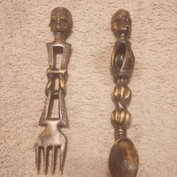 Genuine African hand carved wooden spoon and fork