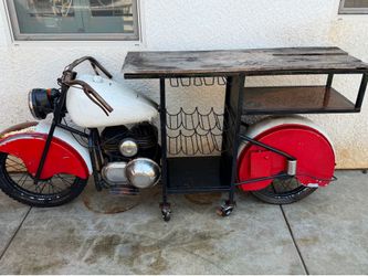 Cool Rusty Motorcycle Bar Cart Console Table with Wine Rack & Wheels – Red/White