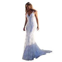 Pefantal Lace Applique Wedding Dresses For Bride Spaghetti Straps Mermaid V Neck Open Back Bodycon Long Bridal Gown (US, Numeric, 8, Regular, Regular,