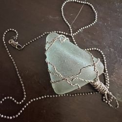 Handmade, vintage, green beach glass, sterling silver chain necklace