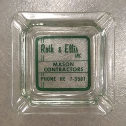 Vintage ROTH & ELLIS MASON CONTRACTORS Glass Ashtray - Emmaus PA - Lehigh Valley - Advertising