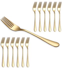 Berglander 12-Piece Gold Dinner Forks Set, 7.28" Titanium Gold Plated Stainless Steel Table Salad Forks for Home Restaurant Hotel Wedding Party, Dishw