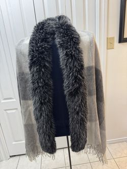 Exclusive Belle Fare Light Grey Black Snow faux fur color wrap.
