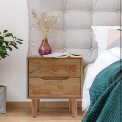 Solid Wood Nightstand, Modern 2 Storage Drawers Bedside Table, Small End Side Dresser, 19" Height Home Decor Furniture for Bedroom, Closet, Dorm, Entr