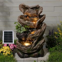 Solar Water Fountain Outdoor, 27" 4-Tier Realistic Tree Trunk Waterfall
