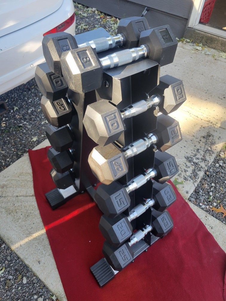 RUBBER COATED  HEXHEAD DUMBBELLS  TOTAL 180LBs.  AND A-FRAME DUMBBELL RACK 
  SETS.    8s.  10s. 12s. 15s. 20s. 25s 
11525 S HALSTED DUNKIN DONUTS/711