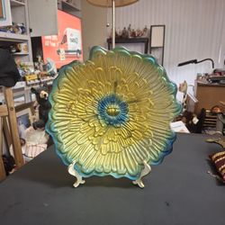 Blue & Yellow Ombre Glass Serving Dish, Gerbera Shaped Daisy W/Petal Like Edges-Painted From Bottom, Iridescent Look 14.5"W X 2"H-SEE DESCRIPTION 