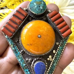 Stunning & Handcrafted Ethnic Tibetan & Navajo Style Pendant With Amber Resin & Stones Set In Silver 66 grams & 4”inch Tall.