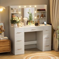 New Large Vanity Desk with LED Lighted Mirror & Power Outlet,Makeup Vanity Table with 7 Drawers,4 Shelves and 5 Hooks, Vanity Table, Vanity Desk Set f
