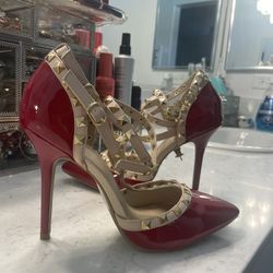 New Red Studded Ankle Strap Shoes Size 8.5