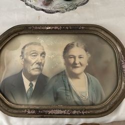 Antique Photograph Of Grandparents / Old Couple Bubble Glass Art Picture. Large Size