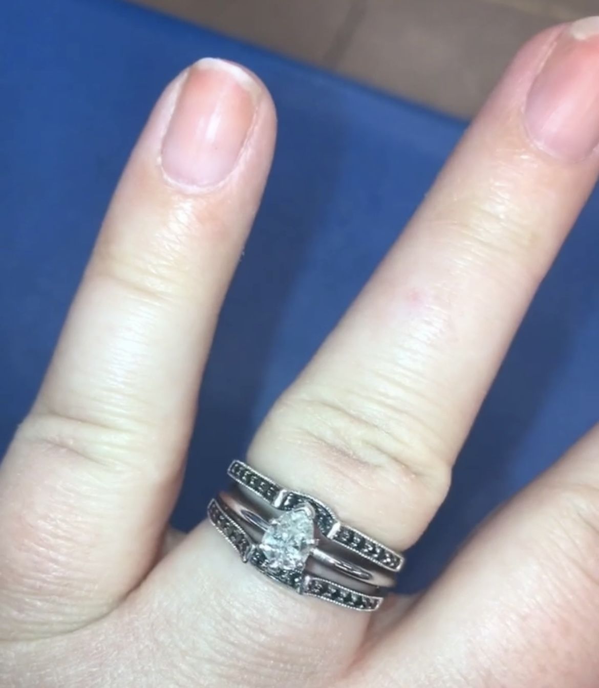 WEDDING SET: 14W Black Enhancer and Pear Diamond - Very Good Condition!