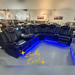 High Quality Black breathing leather power reclining sectional with under LED