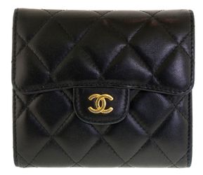 CHANEL Classic Small Flap Wallet Black Leather Gold Hardware Compact Trifold women’s