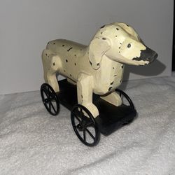 Vintage Wood Carved DOG on The Wagon With Metal Figurine#18