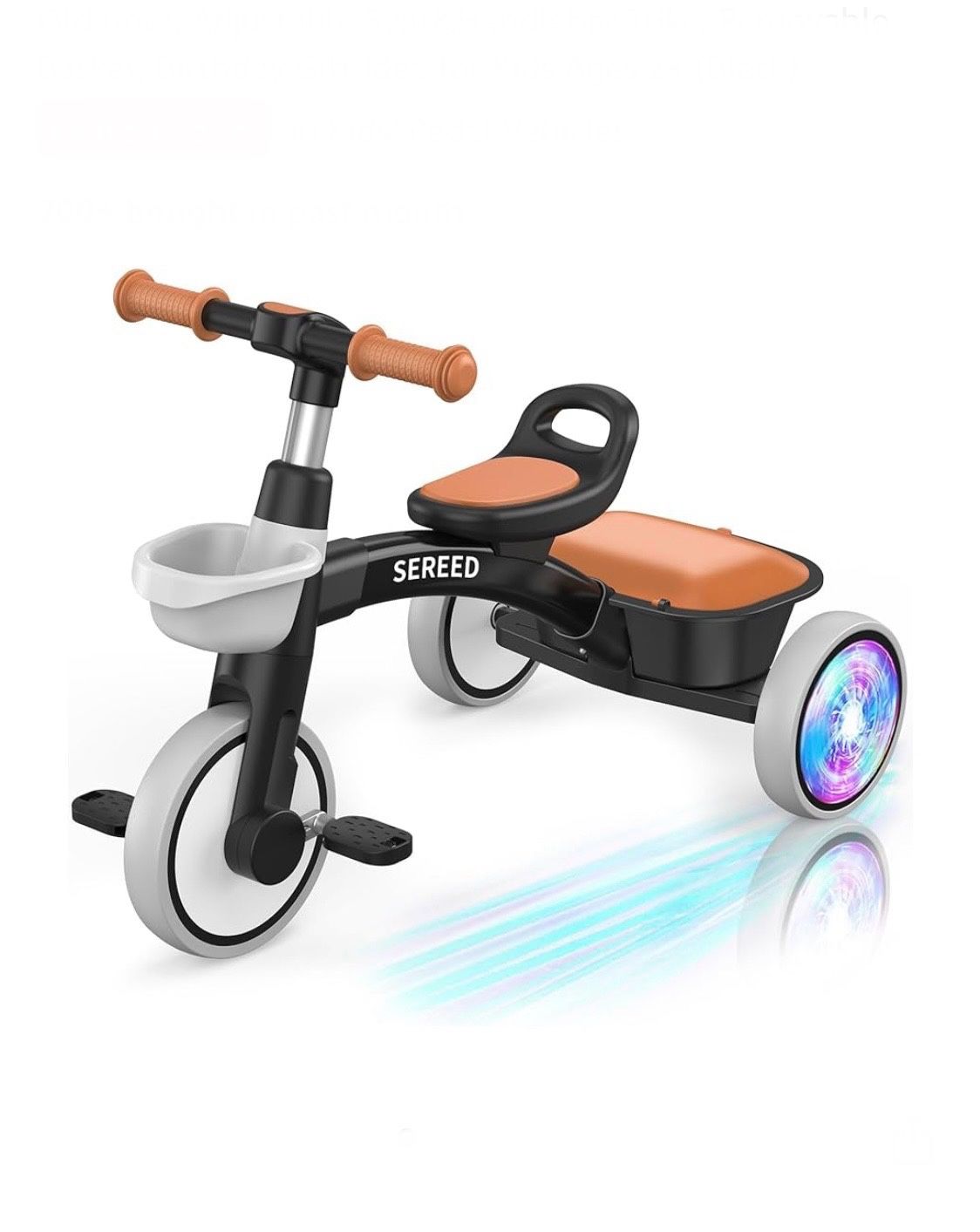 SEREED Colorful Lighting Toddler Tricycle for 2-5 Years Old Boys, Adjustable Seat&Handlebar Trike, Removable Basket, Birthday Gift Idea for Kids Ages